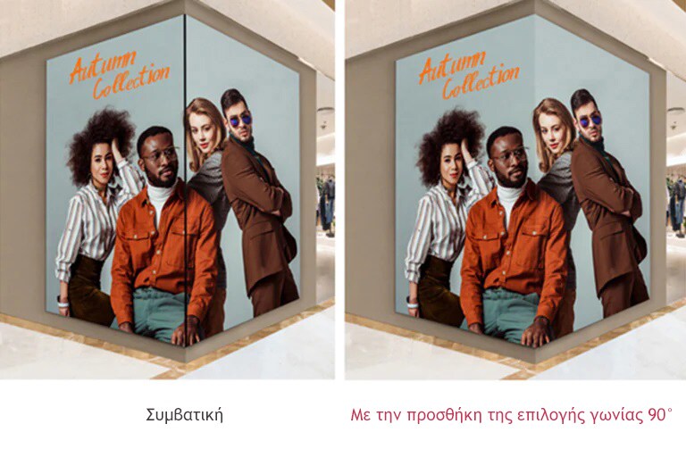 Το περιεχόμενο με την επιλογή γωνίας 90° προβάλλεται χωρίς διακοπές, ακόμη και όταν έχει εγκατασταθεί σε γωνία.