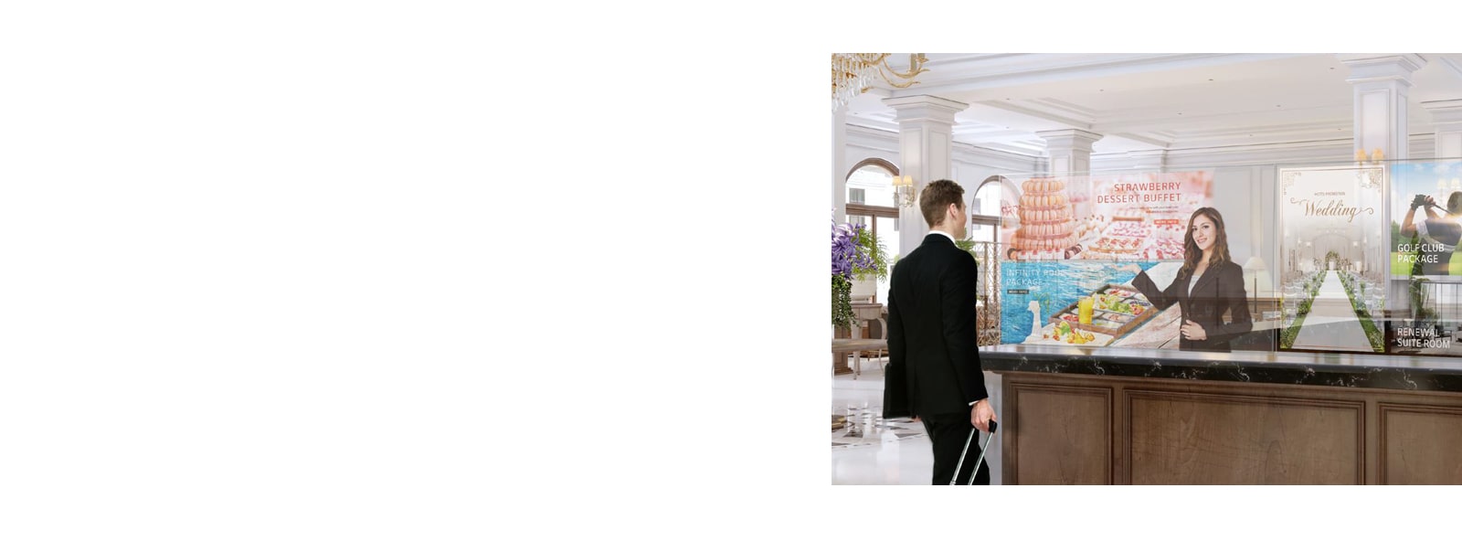 Σε έναν άνδρα προβάλλονται πληροφορίες και φωτογραφίες από ένα μενού με επιδόρπια στις διαφανείς οθόνες OLED.