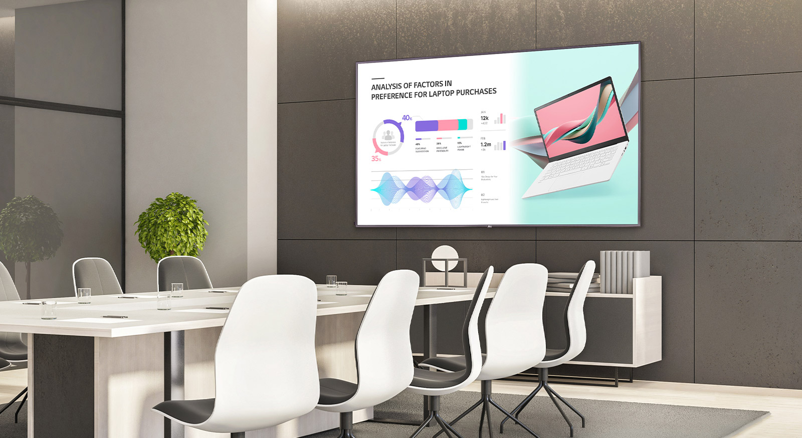 Στον τοίχο μιας αίθουσας συνεδριάσεων είναι τοποθετημένη μια οθόνη που δείχνει το περιεχόμενο της συνεδρίασης.