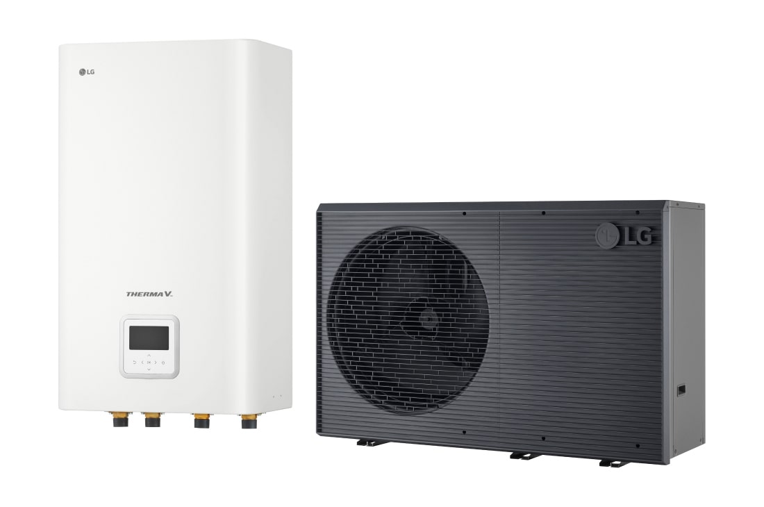 LG R290 Monobloc +  Hydro Unit, 3Ø, 16kW, Αντλία θερμότητας αέρα/νερού THERMA V της LG, μαύρη εξωτερική μονάδα σχεδιασμένη με γκρι κυματιστό πλέγμα	, HN1639HC NK0 + HM163HF UB60
