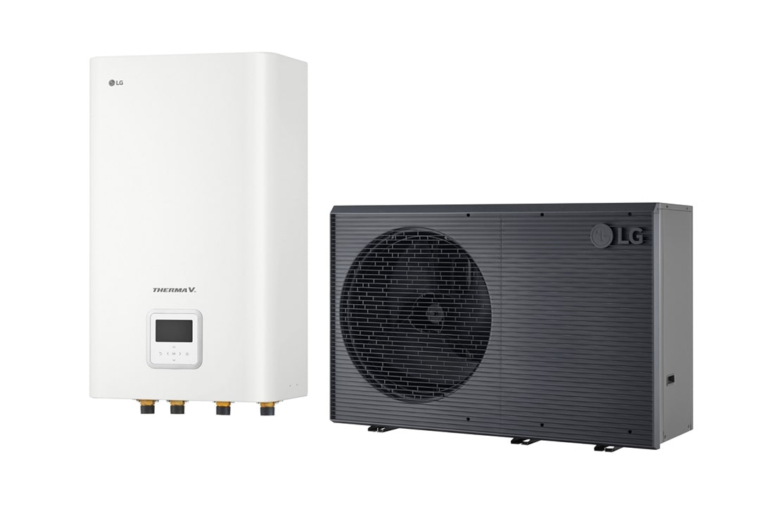 LG R290 Monobloc +  Control Unit,, 3Ø, 14kW, Αντλία θερμότητας αέρα/νερού THERMA V της LG, μαύρη εξωτερική μονάδα σχεδιασμένη με γκρι κυματιστό πλέγμα, PHCS0 ENCXLEU + HM143HF UB60