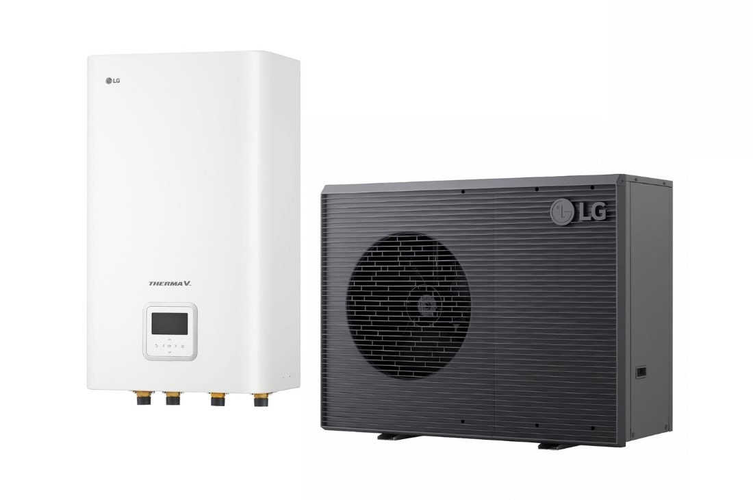LG R290 Monobloc + Hydro Unit, 1Ø, 9kW, Αντλία θερμότητας αέρα/νερού THERMA V της LG, μαύρη εξωτερική μονάδα σχεδιασμένη με γκρι κυματιστό πλέγμα, HM091HF UB40 + HN1616HC NK0