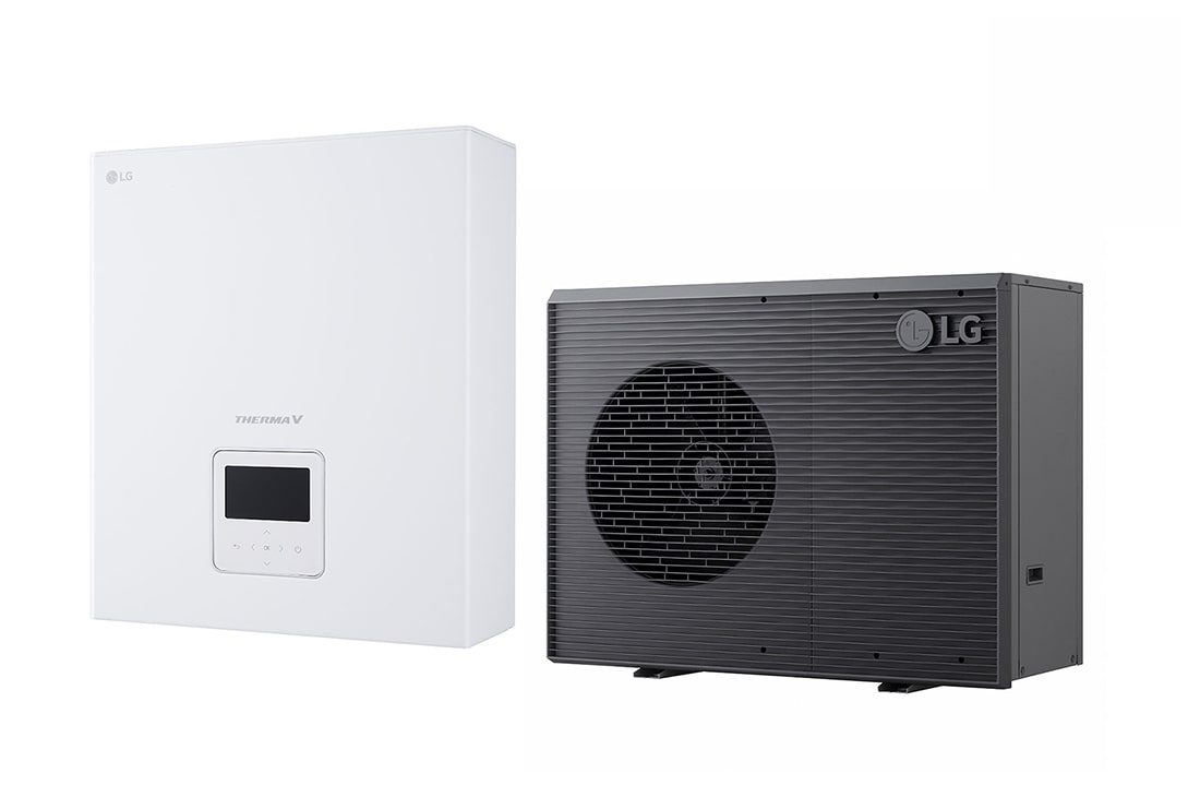 LG R290 Monobloc + Μονάδα Ελέγχου, 1Ø, 9kW, Αντλία θερμότητας αέρα/νερού THERMA V της LG, μαύρη εξωτερική μονάδα σχεδιασμένη με γκρι κυματιστό πλέγμα, HM091HF UB40 + PHCS0 ENCXLEU