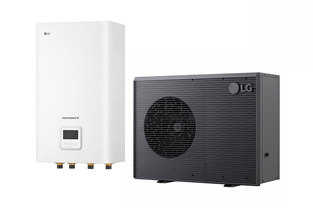 LG  R290 Monobloc + Hydro Unit, 3Ø, 7kW, Αντλία θερμότητας αέρα/νερού THERMA V της LG, μαύρη εξωτερική μονάδα σχεδιασμένη με γκρι κυματιστό πλέγμα, HM073HF UB40 + HN1639HC NK0