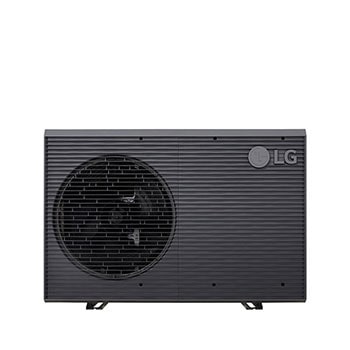 Αντλίες θερμότητας αέρα-νερού LG HM051MRS UA40, μπροστινή όψη μαύρης εξωτερικής μονάδας με γκρίζα κυματιστή γρίλια.1
