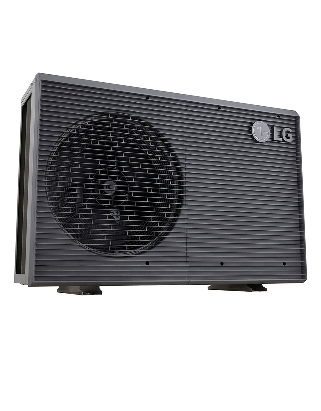 LG R32 Monobloc S II, 1Ø, 5kW, Αντλίες θερμότητας αέρα-νερού LG HM051MRS UA40, όψη κάτω αριστερής πλευράς μαύρης εξωτερικής μονάδας με γκρίζα κυματιστή γρίλια., HM051MRS UA40, thumbnail 5