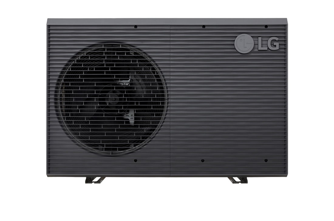 LG R32 Monobloc S II, 1Ø, 5kW, Αντλίες θερμότητας αέρα-νερού LG HM051MRS UA40, μπροστινή όψη μαύρης εξωτερικής μονάδας με γκρίζα κυματιστή γρίλια., HM051MRS