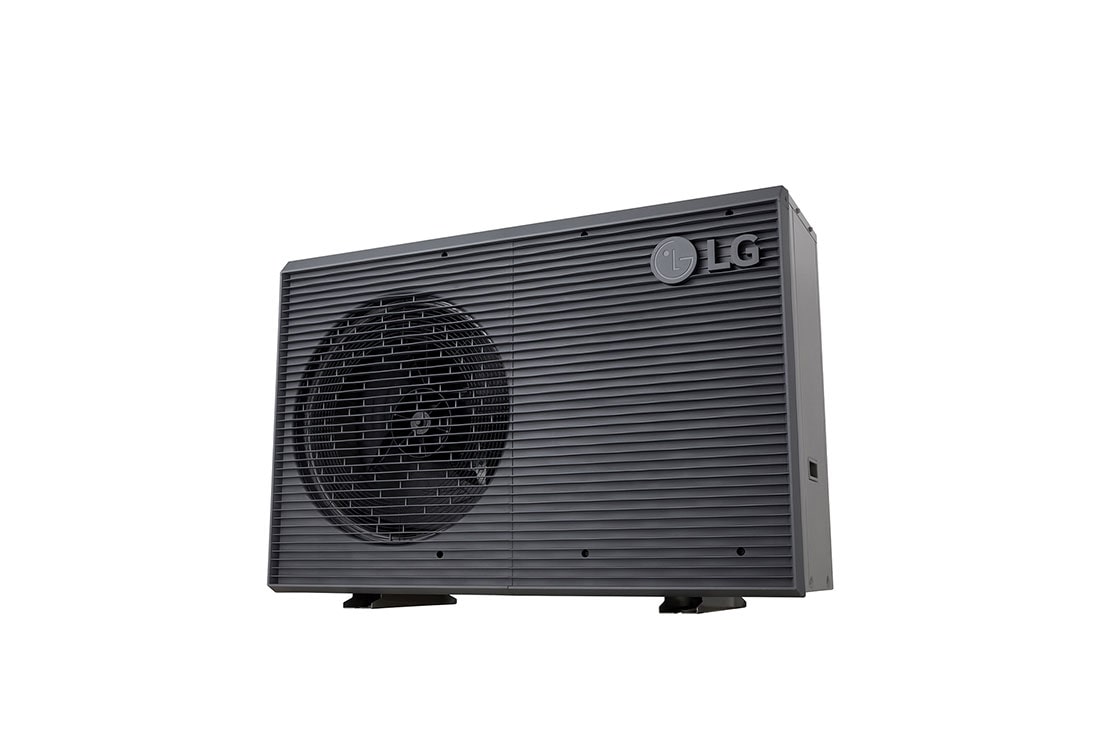 LG R32 Monobloc S II, 1Ø, 5kW, Αντλίες θερμότητας αέρα-νερού LG HM051MRS UA40, όψη κάτω δεξιάς γωνίας μαύρης εξωτερικής μονάδας με γκρίζα κυματιστή γρίλια., HM051MRS UA40, thumbnail 2