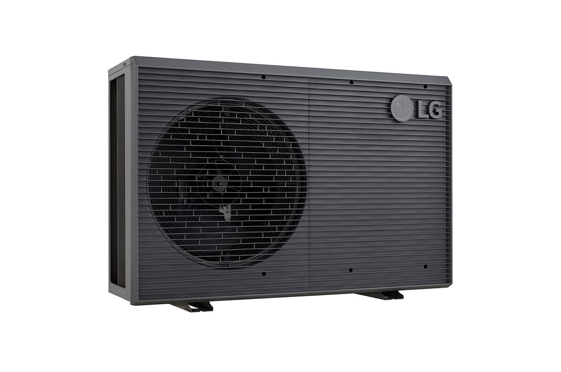 LG R32 Monobloc S II, 1Ø, 5kW, Αντλίες θερμότητας αέρα-νερού LG HM051MRS UA40, όψη αριστερής γωνίας μαύρης εξωτερικής μονάδας με γκρίζα κυματιστή γρίλια., HM051MRS UA40, thumbnail 4
