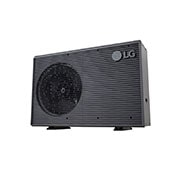 LG R32 Monobloc S II, 1Ø, 5kW, Αντλίες θερμότητας αέρα-νερού LG HM051MRS UA40, όψη κάτω δεξιάς γωνίας μαύρης εξωτερικής μονάδας με γκρίζα κυματιστή γρίλια., HM051MRS UA40, thumbnail 2