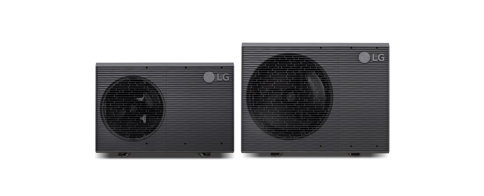 LG THERMA V Hydrosplit units line up. The Hydro box and Integrated water tank are on the left and right, and the outdoor unit is at the center.