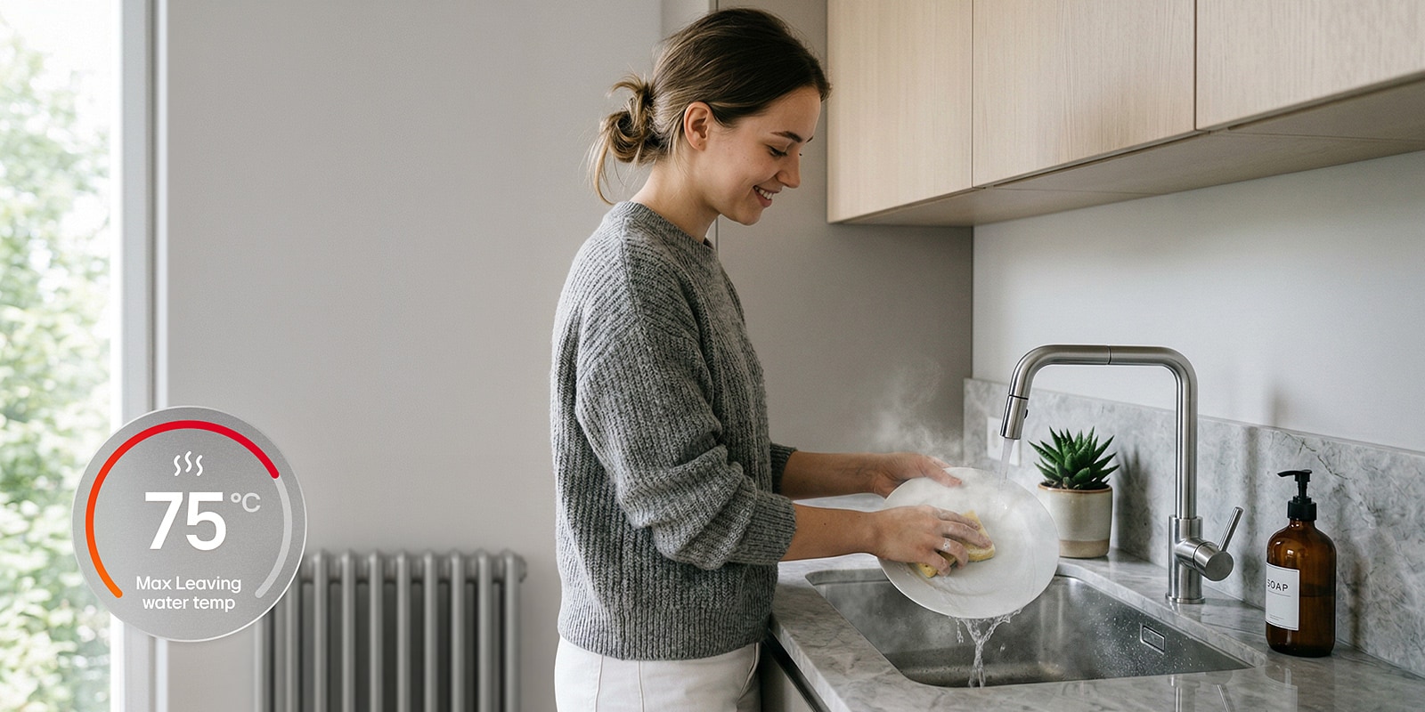 An image of a woman washing dishes at a kitchen sink with a graphic showing a maximum water temperature of 75°C.