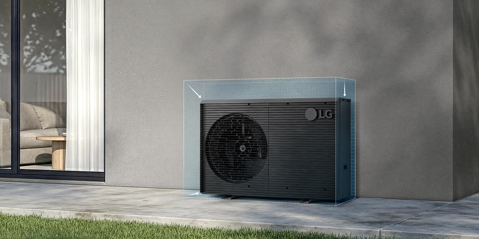 An image of a compact LG outdoor heat pump unit highlighting its reduced size compared to previous models.