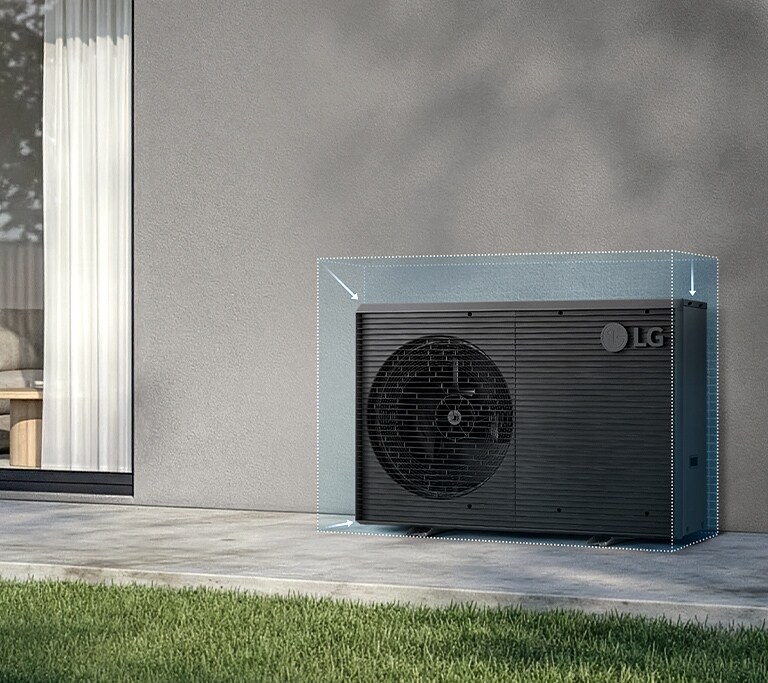 An image of a compact LG outdoor heat pump unit highlighting its reduced size compared to previous models.