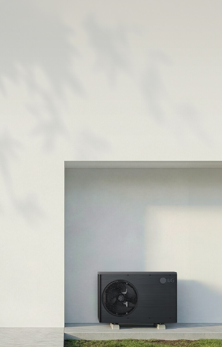 LG THERMA V R290 Monobloc S outdoor unit installed beside a modern exterior wall with clean design and minimal surroundings
