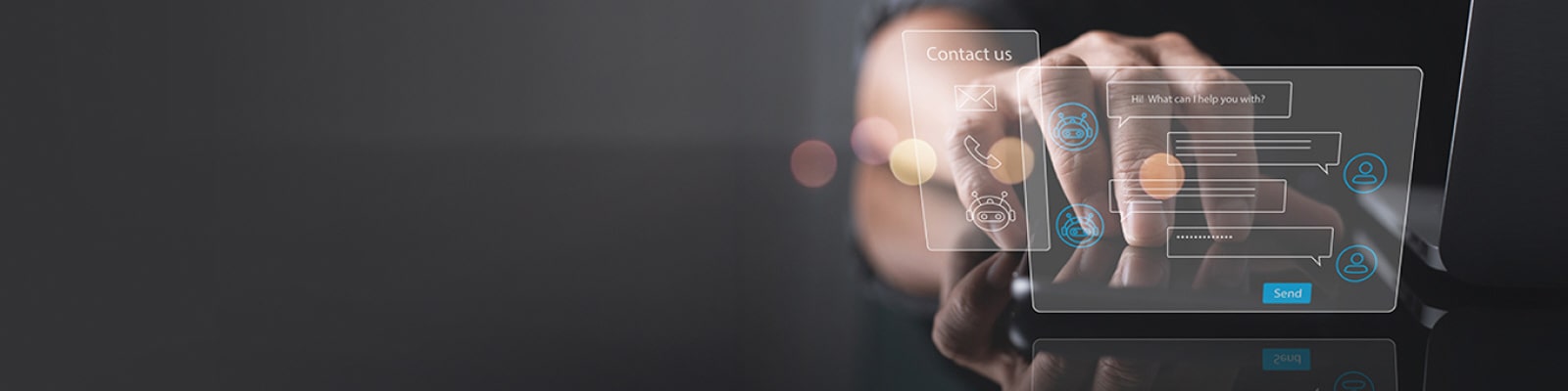 Two virtual hologram windows which are chatting and contact us float next to the laptop and hands are placed behind them.