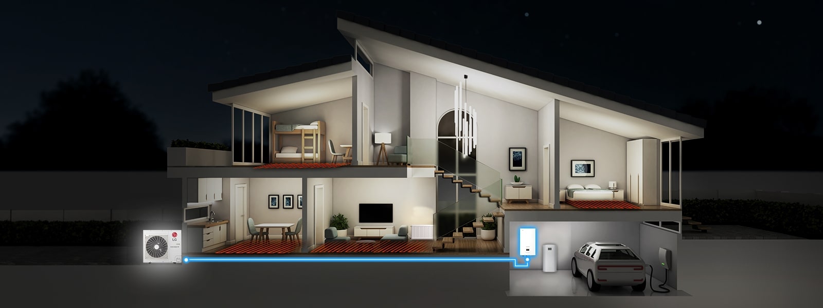 The 3D floor plan reveals the LG outdoor unit on the far left and the indoor unit on the garage wall far right, interconnected by blue lines.	