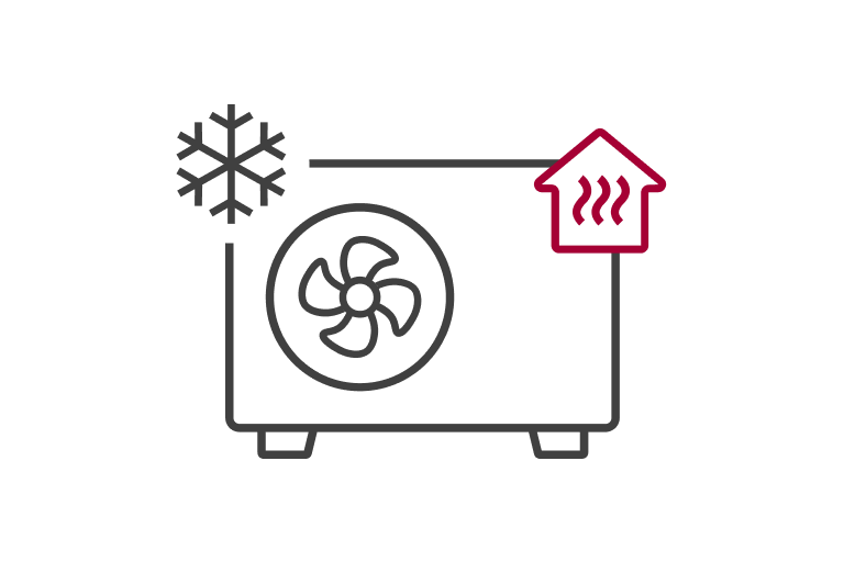 A snowflake on the upper left and steamed floor on the lower right is placed over the fan of the air to water heat pump