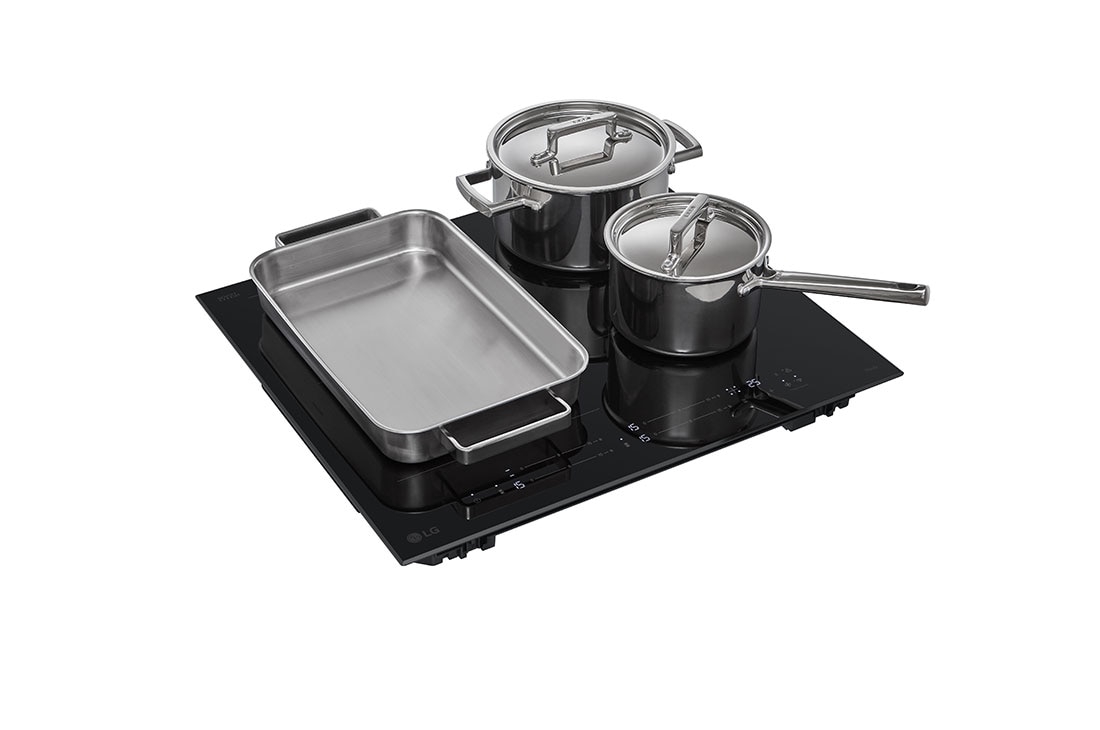 LG Εντοιχιζόμενη Επαγωγική Εστία 60cm, 4 Εστίες με 1 ευέλικτη ζώνη, Οθόνη αφής, right view with cookware, CBIZ2435B, thumbnail 9