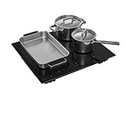 LG Εντοιχιζόμενη Επαγωγική Εστία 60cm, 4 Εστίες με 1 ευέλικτη ζώνη, Οθόνη αφής, right view with cookware, CBIZ2435B, thumbnail 9