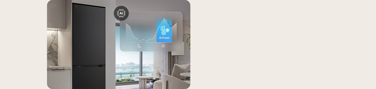 LG ψυγειοκαταψύκτης δίπλα σε ανοιχτα γκρι ντουλάπια σε χώρο διαβίωσης με θέα στο ποτάμι, με επικάλυψη γραφήματος και εικονίδιο AI Fresh.