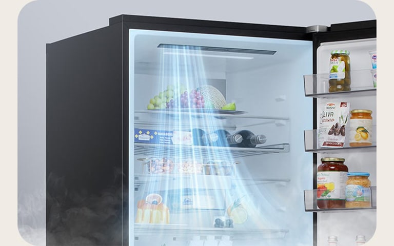 LG ψυγειοκαταψύκτης ανοιχτό με γαλάζιο αέρα να ρέει από την αριστερή γρίλια προς τα καλάθια της πόρτας που αποθηκεύουν φρούτα, μπουκάλια και δοχεία.