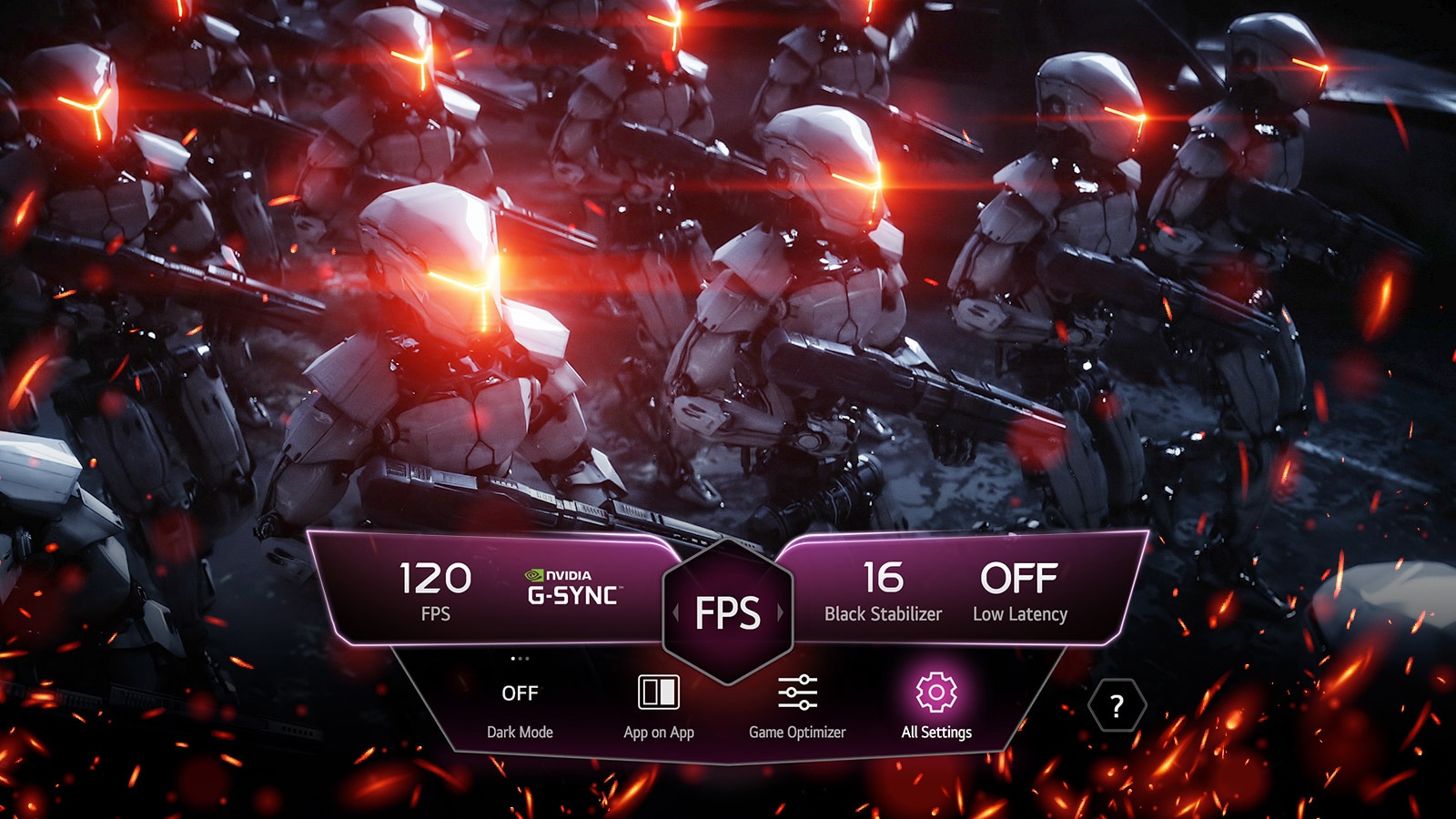 Στο παρασκήνιο παρελαύνουν στρατιωτικά ρομπότ και εμφανίζεται ένα αναδυόμενο παράθυρο ρυθμίσεων στο Game Dashboard.