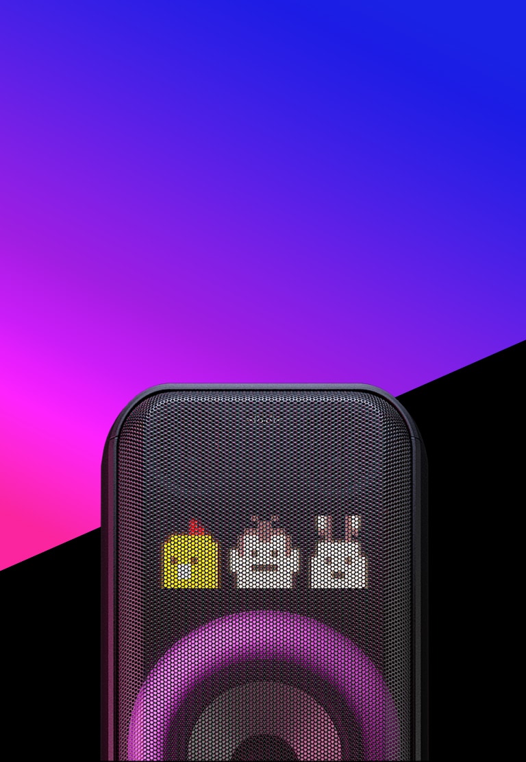 Το κείμενο τοποθετείται στη μωβ περιοχή διαβάθμισης, ενώ από κάτω υπάρχει μια διαγώνια περιοχή μαύρου χρώματος. Το ηχείο είναι τοποθετημένο ενδιάμεσα, εμφανίζοντας δυναμικό φωτισμό pixel και πολυχρωματικό φωτισμό δακτυλίου.