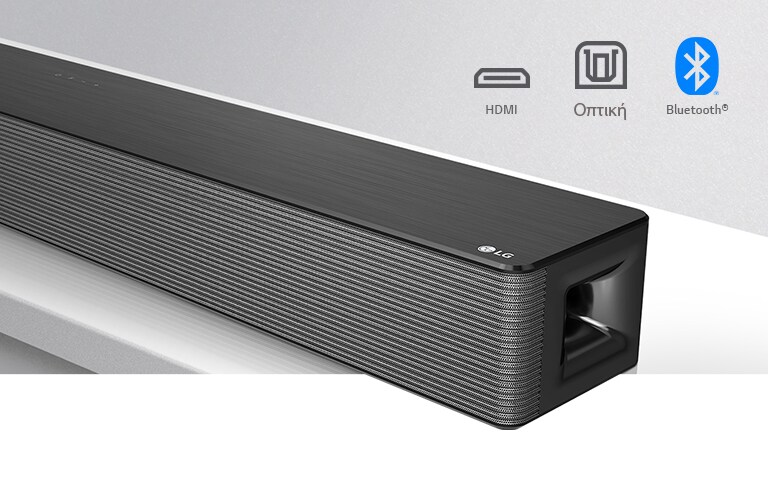 Κοντινό πλάνο της δεξιάς πλευράς του LG Soundbar με το λογότυπο της LG στην κάτω δεξιά γωνία. Τα εικονίδια συνδεσιμότητας φαίνονται επάνω από το προϊόν.