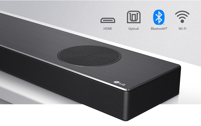 Κοντινή λήψη στη δεξιά πλευρά του LG Soundbar με το λογότυπο της LG στην κάτω δεξιά γωνία. Τα εικονίδια συνδεσιμότητας φαίνονται επάνω από το προϊόν.