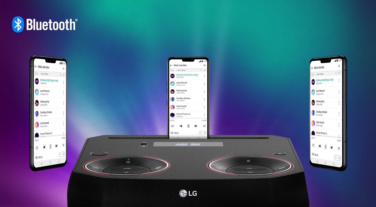 Ένα χέρι που κρατά ένα smartphone πλάι σε μια κάτοψη του LG XBOOM.