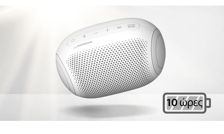 Ένα LG XBOOM Go που αιωρείται και έχει αριστερή κλίση.