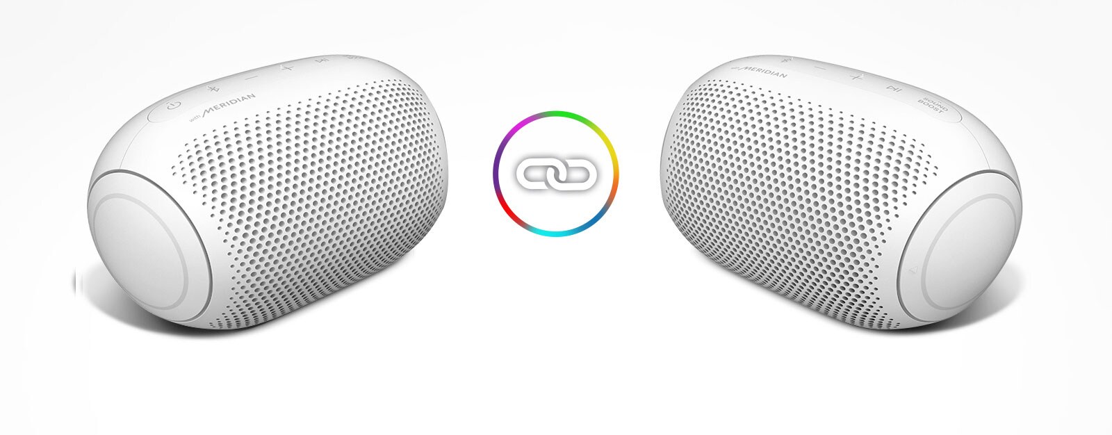 Δύο LG XBOOM Go τοποθετημένα σε λευκό φόντο, με ένα εικονίδιο δακτυλίου ανάμεσά τους.