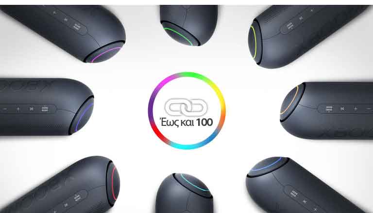 Σε λευκό φόντο, οκτώ LG XBOOM Go με διάφορα φώτα, τοποθετημένα κυκλικά γύρω από ένα εικονίδιο σύνδεσης.