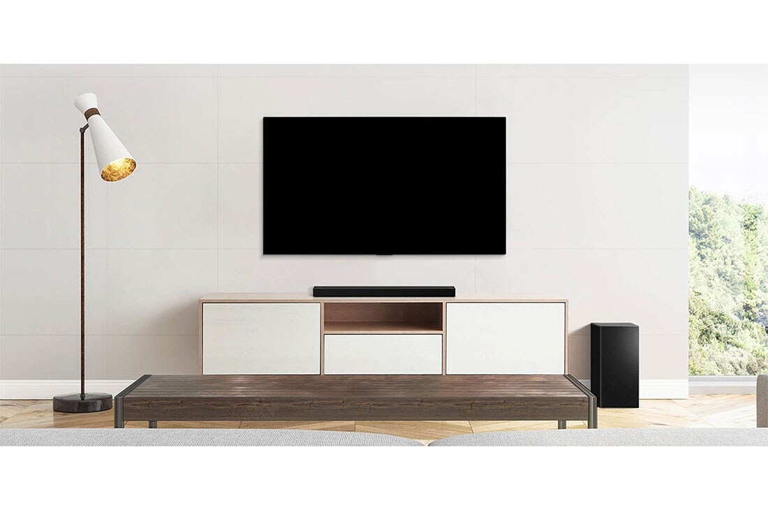 LG Soundbar SPD7Y, Μια τηλεόραση, ένα soundbar και ένα subwoofer τοποθετημένα σε ένα λιτό σαλόνι, SPD7Y, thumbnail 3
