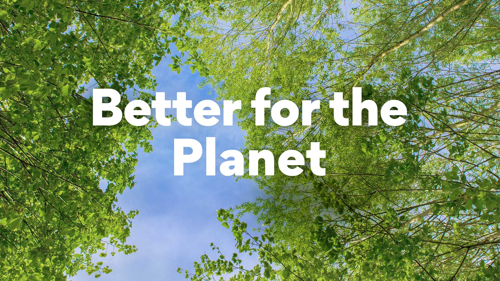 Μια εικόνα με καταπράσινα δέντρα με πλούσιο φύλλωμα, με τον ουρανό να φαίνεται ανάμεσά τους. Εμφανίζεται η κεντρική φράση "Καλύτερα για τον πλανήτη" σε έντονη γραμματοσειρά