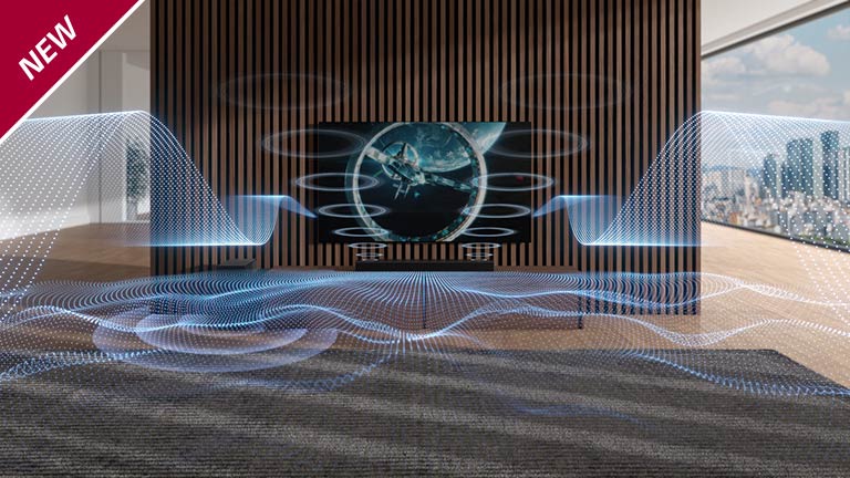 Διάφορα ηχητικά κύματα μπλε χρώματος απελευθερώνονται από το Sound Bar και την τηλεόραση. Το σήμα NEW εμφανίζεται στην επάνω αριστερή γωνία.