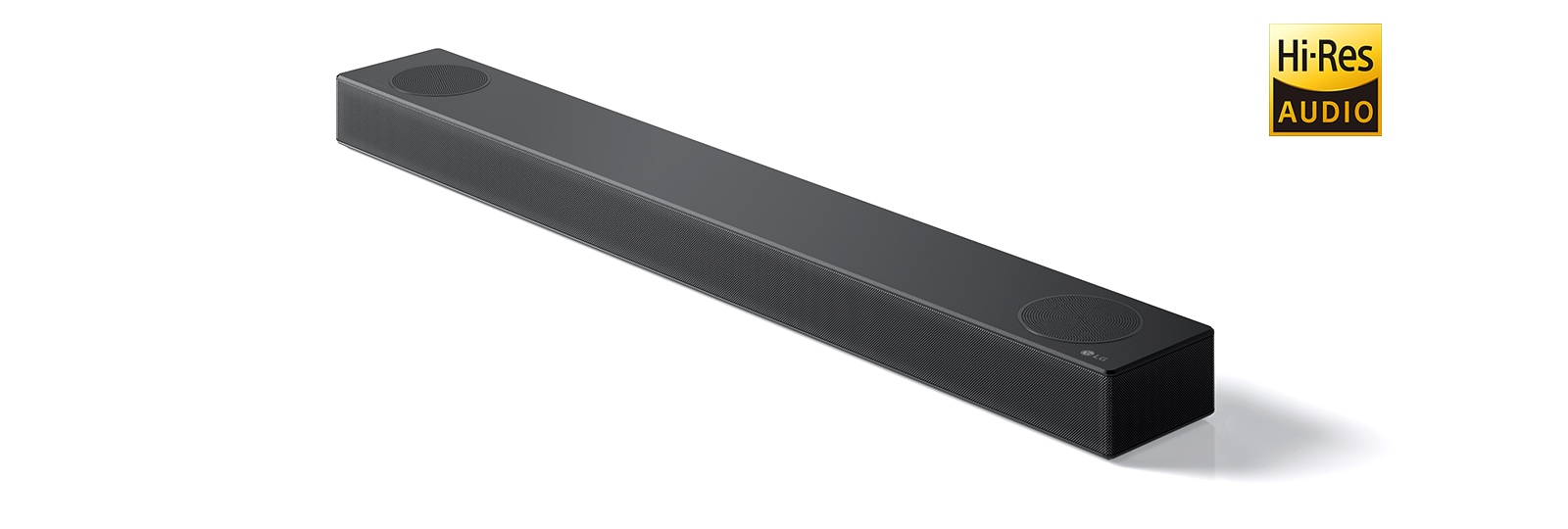 Πλήρης απεικόνιση του LG Sound bar με το λογότυπο της LG στην κάτω δεξιά γωνία του προϊόντος. Στα δεξιά της εικόνας φαίνεται το λογότυπο Hi-Res AUDIO.