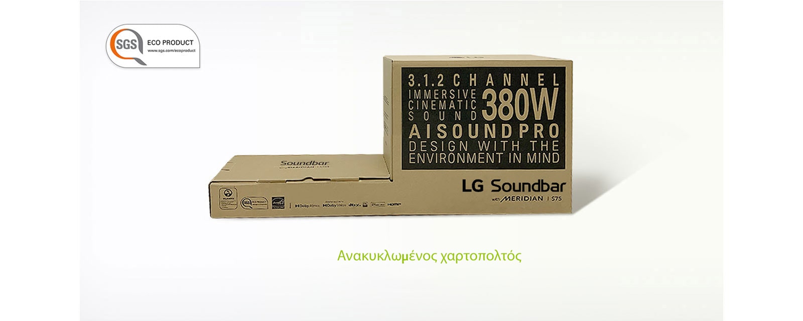 There is a SGS ECO PRODUCT logo on left top corner. There is a gray forbidden mark on styrofoam image on left and packaging box image on right.