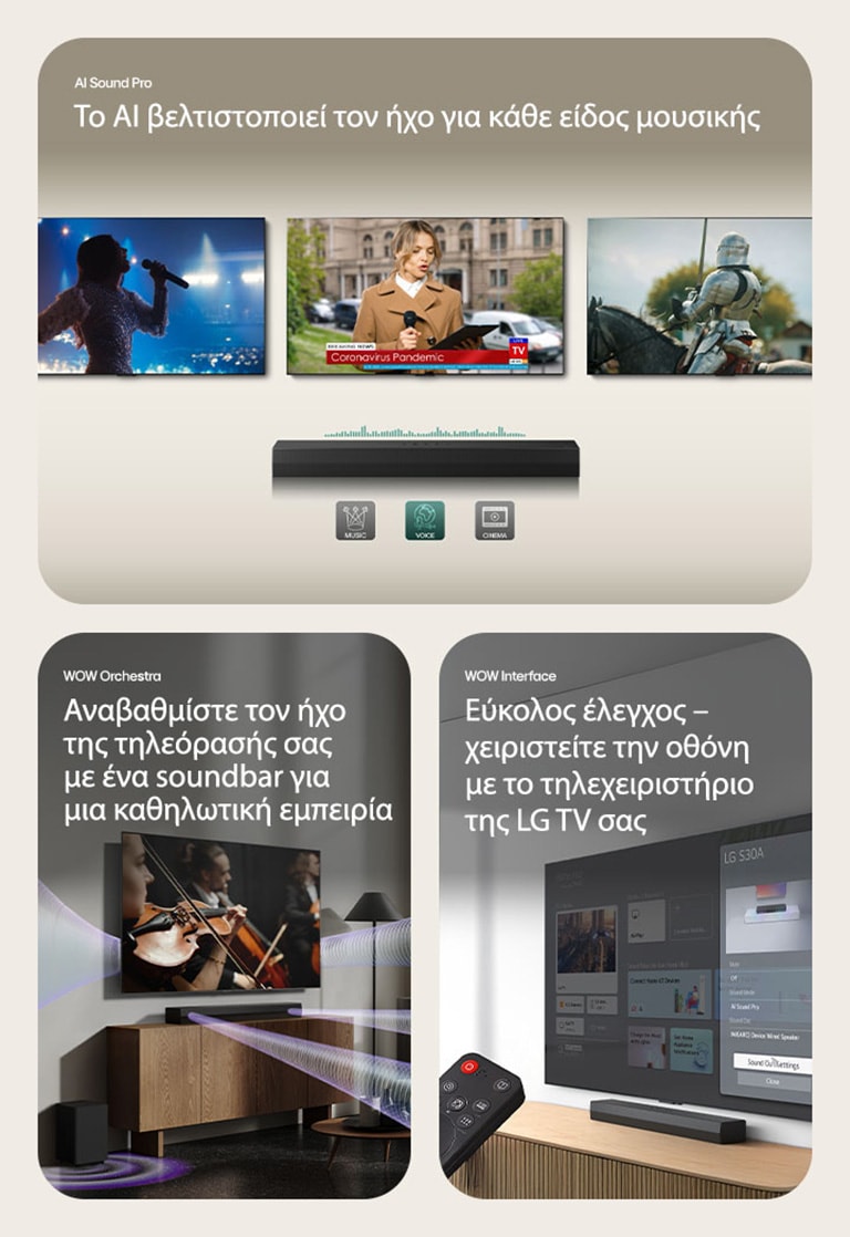 την αριστερή εικόνα φαίνονται 3 τηλεοράσεις: Στην πρώτη, μια σκηνή και ένα μικρόφωνο στο χέρι της, στη δεύτερη μια ρεπόρτερ που μιλάει με ένα μικρόφωνο και κρατάει ένα tablet στα χέρια της και στην τρίτη, ένα άλογο. Κάτω από τις τηλεοράσεις, το Soundbar S30A είναι τοποθετημένο με γραφικά EQ πάνω του. Στο κάτω μέρος, παρουσιάζονται 3 εικονίδια: MUSIC, VOICE και CINEMA. Στο κέντρο, η σκηνή ενός κονσέρτου παίζεται στην τηλεόραση. Ο εικονικός ήχος προέρχεται ταυτόχρονα από την τηλεόραση, το soundbar και το subwoofer. Στη δεξιά εικόνα, μια τηλεόραση τοποθετημένη στον τοίχο δείχνει την αρχική οθόνη του LG webOS και το S30A είναι τοποθετημένο κάτω από την τηλεόραση, πάνω σε ένα τραπέζι τηλεόρασης. Στα αριστερά, φαίνεται εν μέρει το τηλεχειριστήριο της LG και στα δεξιά, 4 εικονίδια δείχνουν τις δυνατότητες του WOW Interface.