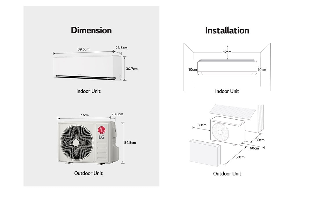 LG DUALCOOL Planet Premium, Κλιματιστικό Inverter 9.000 BTU, Αισθητήρας κίνησης, Κεντρικός χειρισμός, 'Διαστάσεις και εγκατάσταση, H09S1P, thumbnail 13