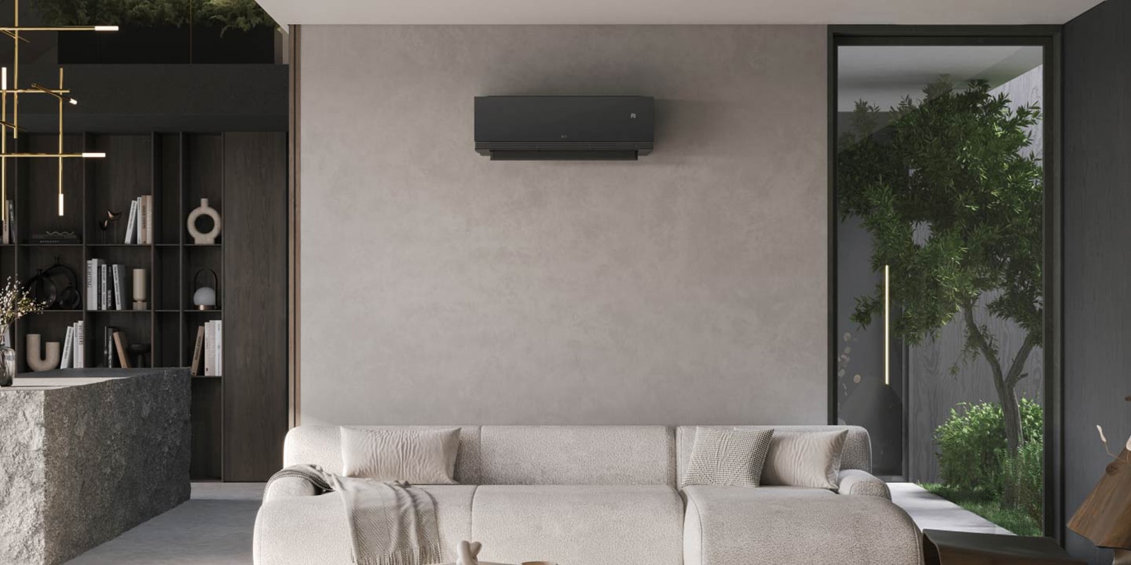 Κλιματιστικό LG ARTCOOL με κορυφαία σχεδίαση μαύρου καθρέφτη και AI Air, συνδυάζεται απρόσκοπτα με ένα σύγχρονο εσωτερικό.