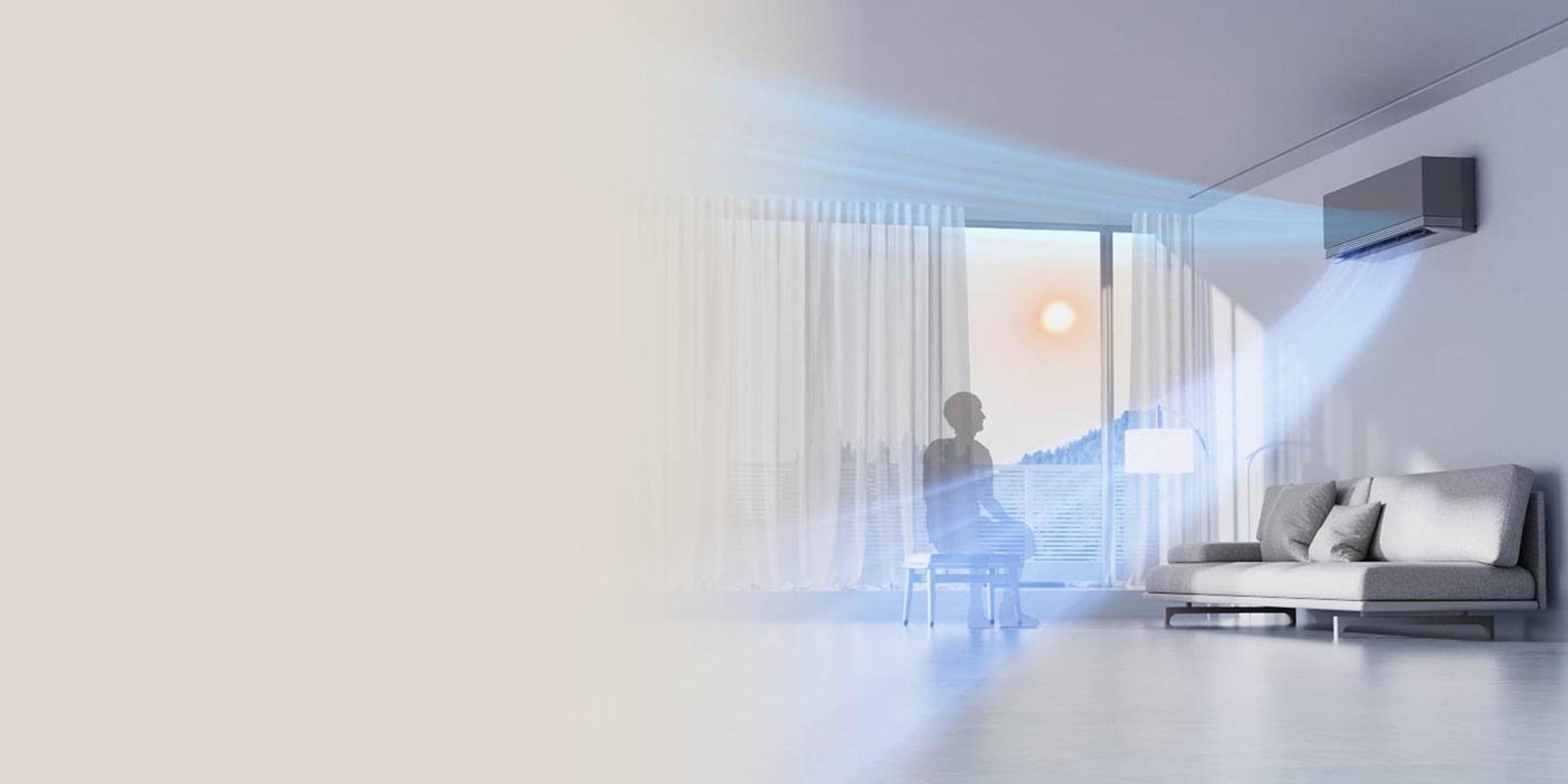 Κλιματιστικό LG σε σαλόνι με έναν αισθητήρα ραντάρ για την προσαρμογή της διεύθυνσης ροής αέρα βάσει θερμοκρασίας.	