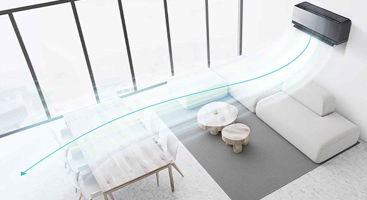 Σαλόνι με κλιματιστικό LG που χρησιμοποιεί διπλές περσίδες για αποτελεσματική διανομή ροής αέρα μακρύτερα.	