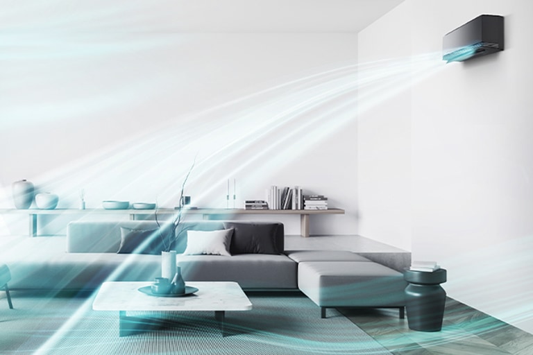 Ένα κομψό σαλόνι με ένα κλιματιστικό LG με DUAL Vane για απόδοση ταχύτερης ροής αέρα σε όλον τον χώρο.	