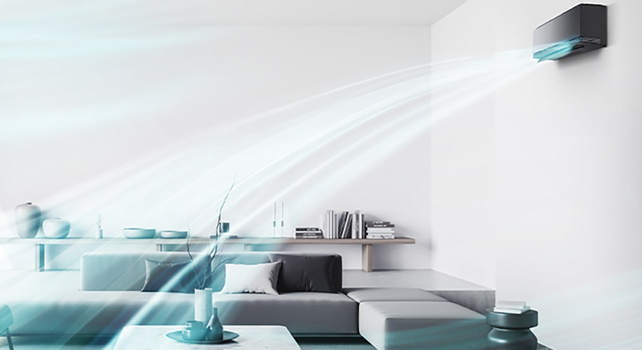 Ένα κομψό σαλόνι με ένα κλιματιστικό LG με DUAL Vane για απόδοση ταχύτερης ροής αέρα σε όλον τον χώρο.	