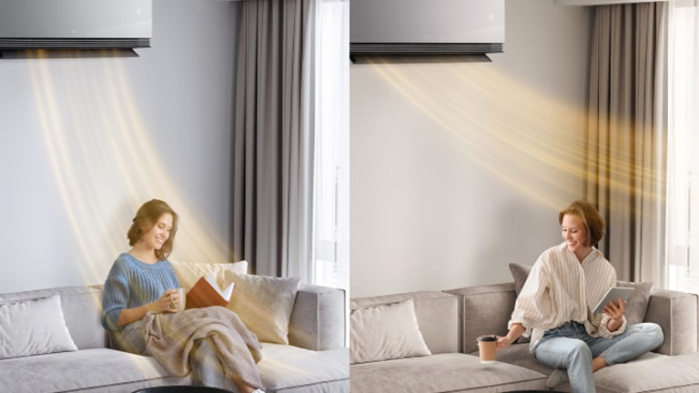 Μια γυναίκα που απολαμβάνει το AI Heating από ένα κλιματιστικό LG, παρέχοντας εξατομικευμένη ζεστή ροή αέρα για άνεση.