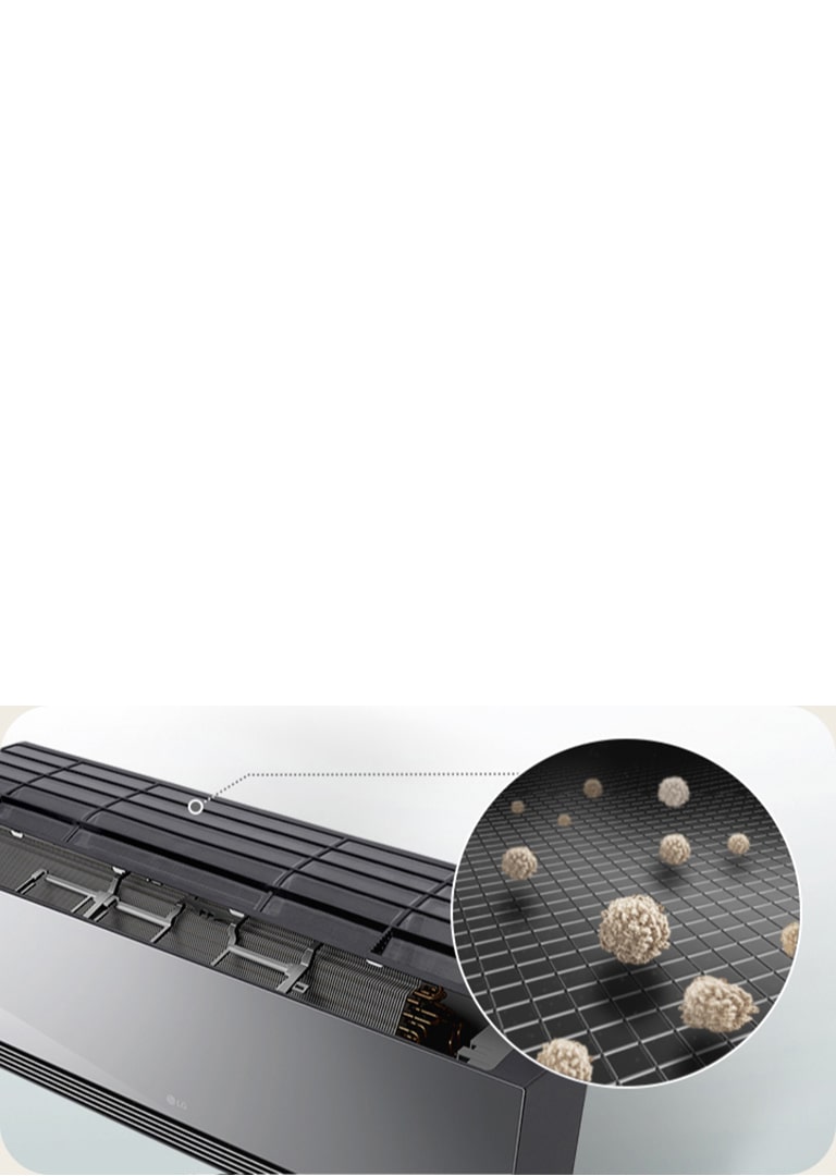 Κλιματιστικό LG με ανοικτό πλαίσιο που εμφανίζει ένα Pre-Filter να αιχμαλωτίζει σωματίδια σκόνης σε κοντινό πλάνο.	