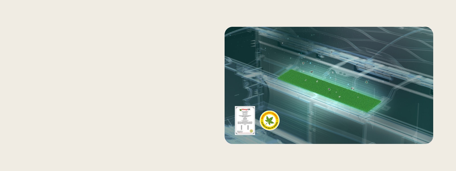 Κλιματιστικό με φίλτρο αλλεργιογόνων ουσιών, με την πιστοποίηση και το σημάδι Allergy UK να εμφανίζονται.	