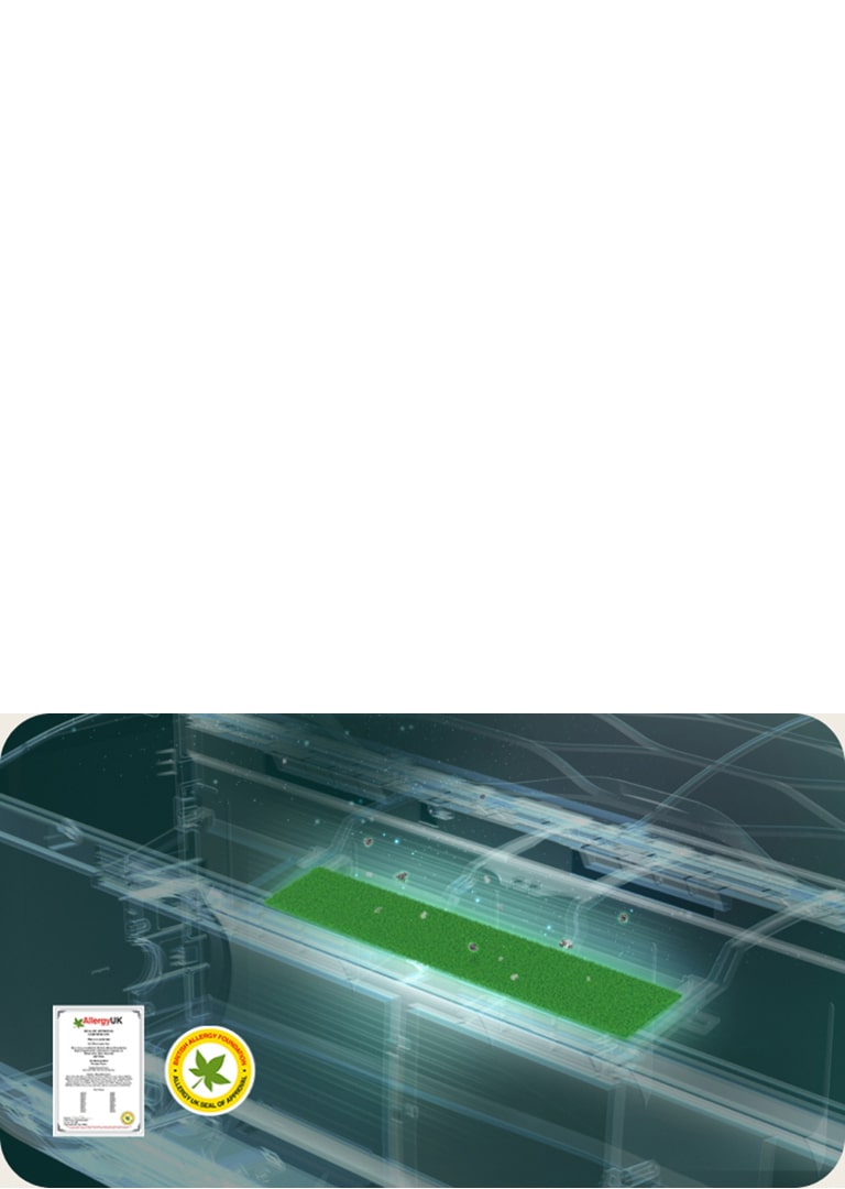 Κλιματιστικό με φίλτρο αλλεργιογόνων ουσιών, με την πιστοποίηση και το σημάδι Allergy UK να εμφανίζονται.	